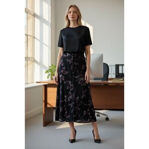 Briggs Petite Black Floral Button Front Midi Skirt Womens Size Petite